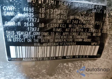 2015 Subaru Outback 2.5I Premium z USA, uszkodzony, nr VIN 4S4BSAHC1F3290954